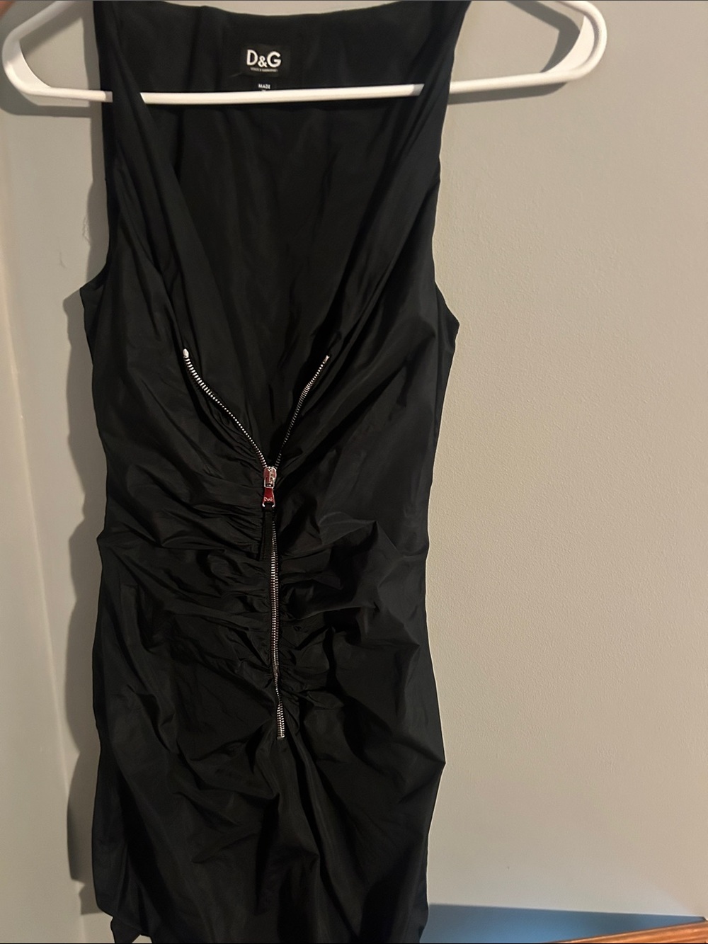 Dolce & Gabbana Black Ruched Zip-Front Midi Dress